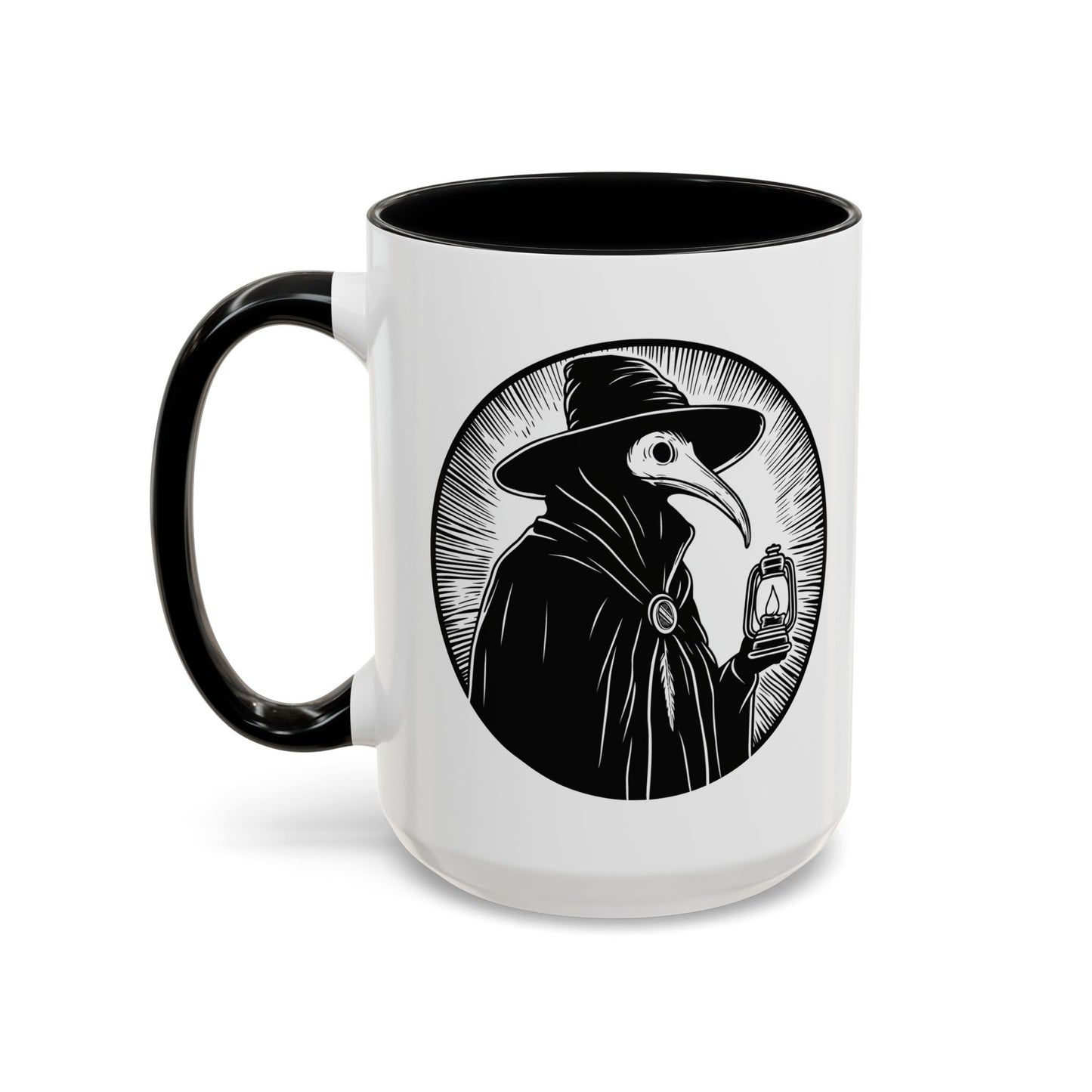 Decode The Left Plague Doctor Coffee Mug, 15oz Accent Mug in Black or Red