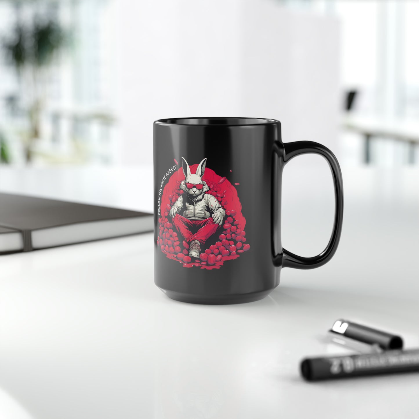 Follow The White Rabbit Signature Black Mug, 15oz