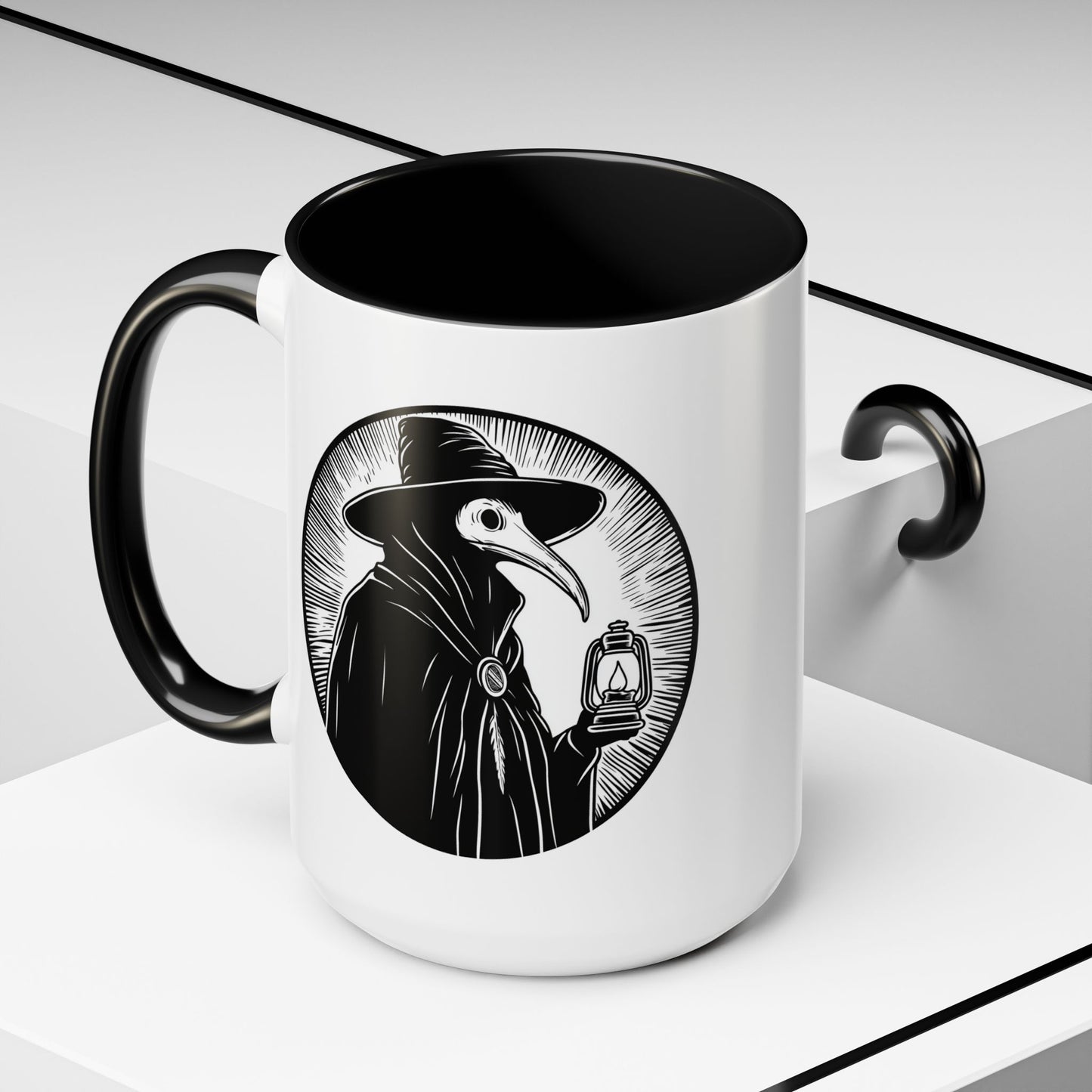 Decode The Left Plague Doctor Coffee Mug, 15oz Accent Mug in Black or Red