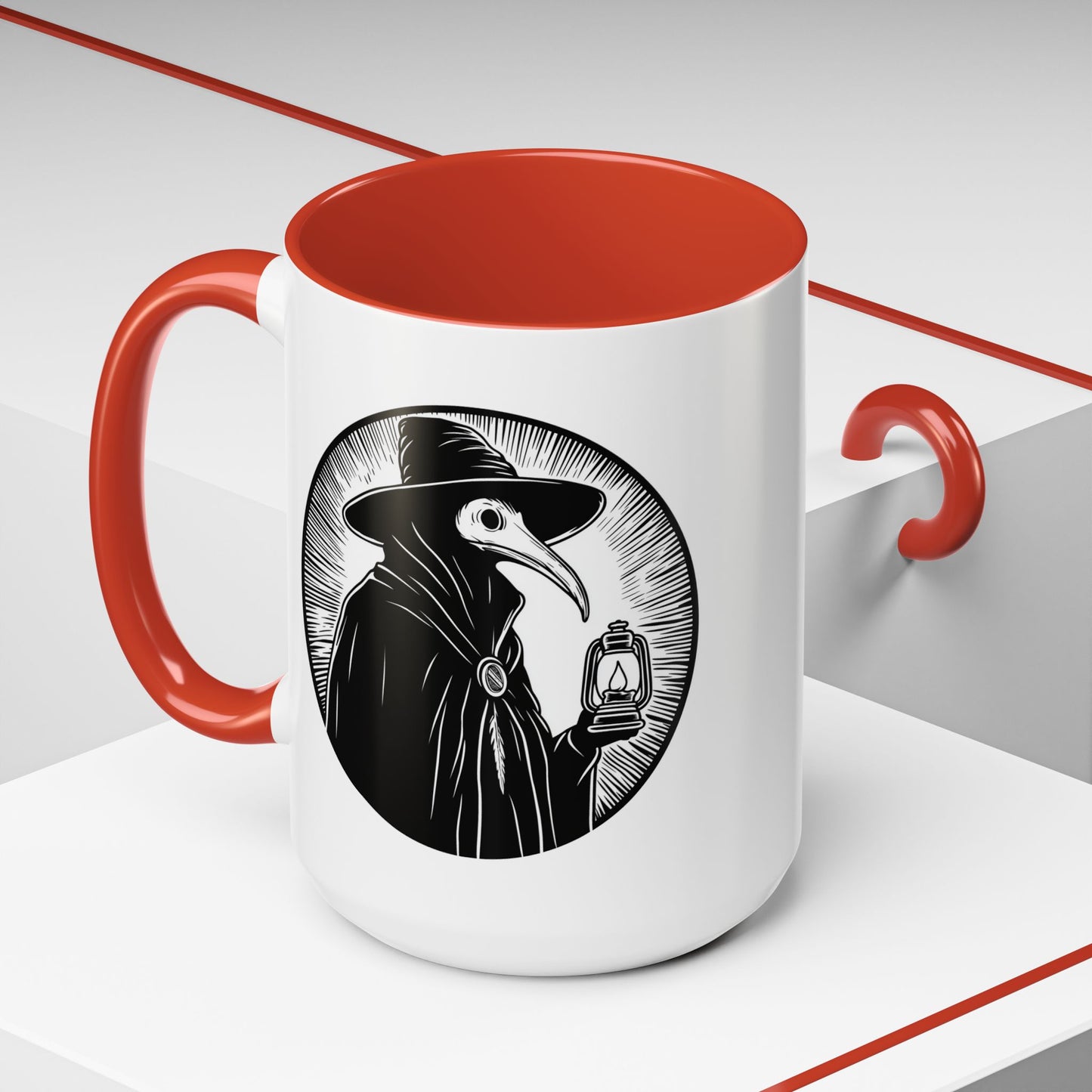 Decode The Left Plague Doctor Coffee Mug, 15oz Accent Mug in Black or Red