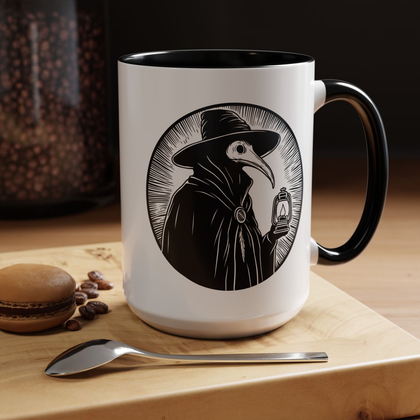 Decode The Left Plague Doctor Coffee Mug, 15oz Accent Mug in Black or Red