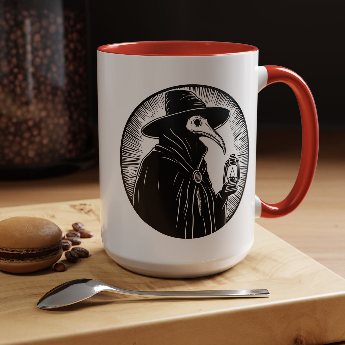 Decode The Left Plague Doctor Coffee Mug, 15oz Accent Mug in Black or Red
