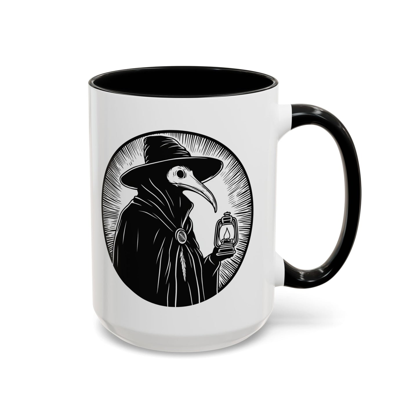 Decode The Left Plague Doctor Coffee Mug, 15oz Accent Mug in Black or Red