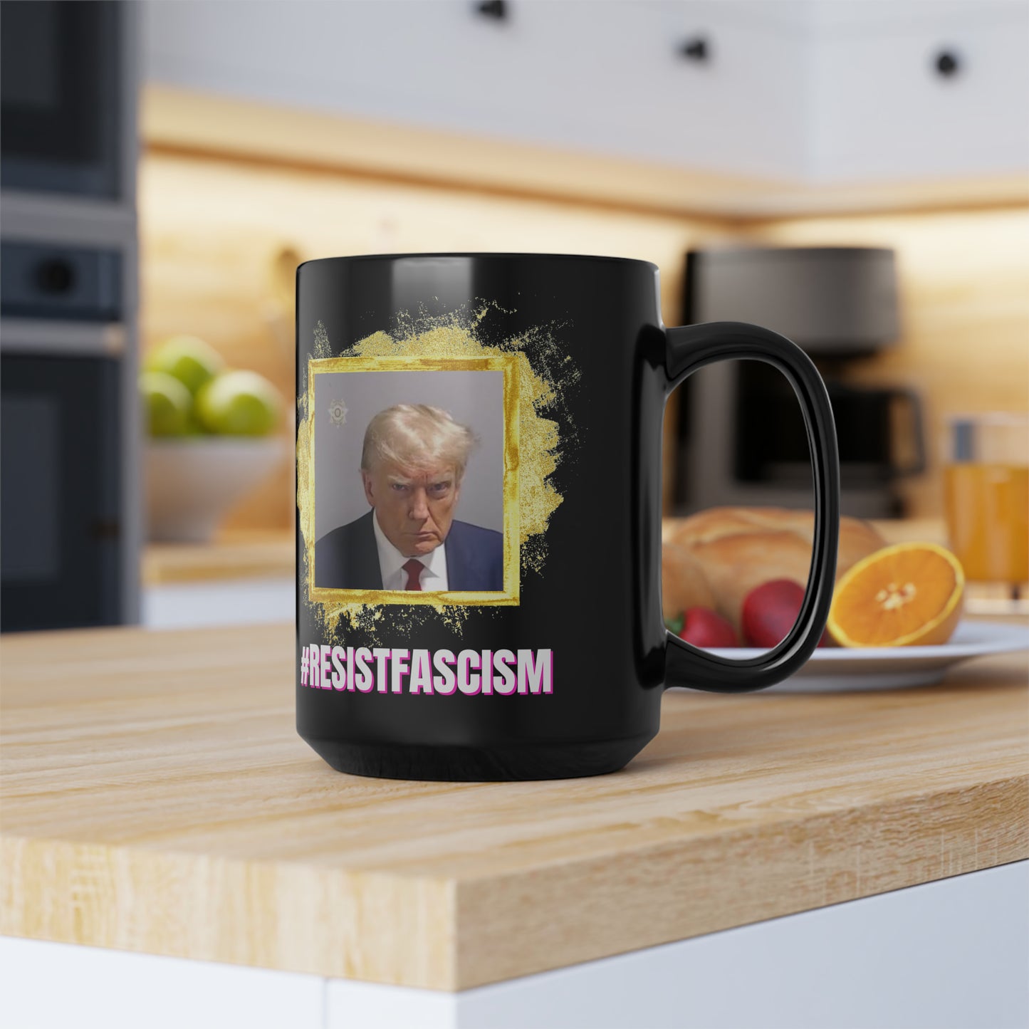 Trump Mug Shot #ResistFascism Black Mug, 15oz