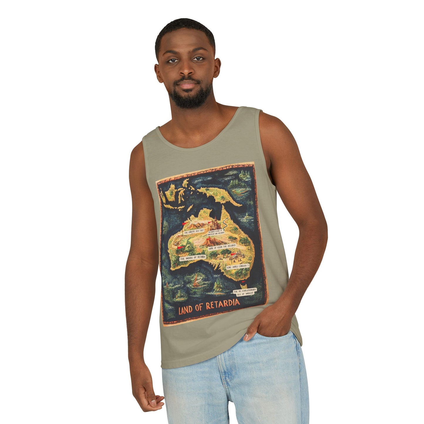 The Map of the Land of Retardia  Unisex Garment-Dyed Tank Top