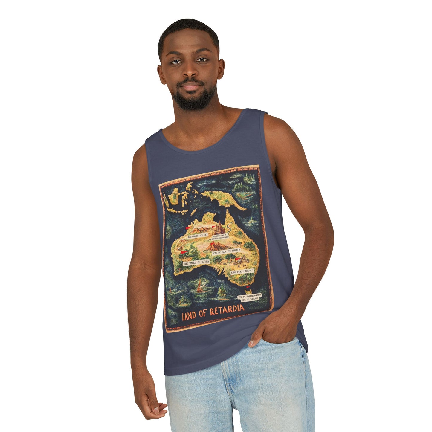 The Map of the Land of Retardia  Unisex Garment-Dyed Tank Top