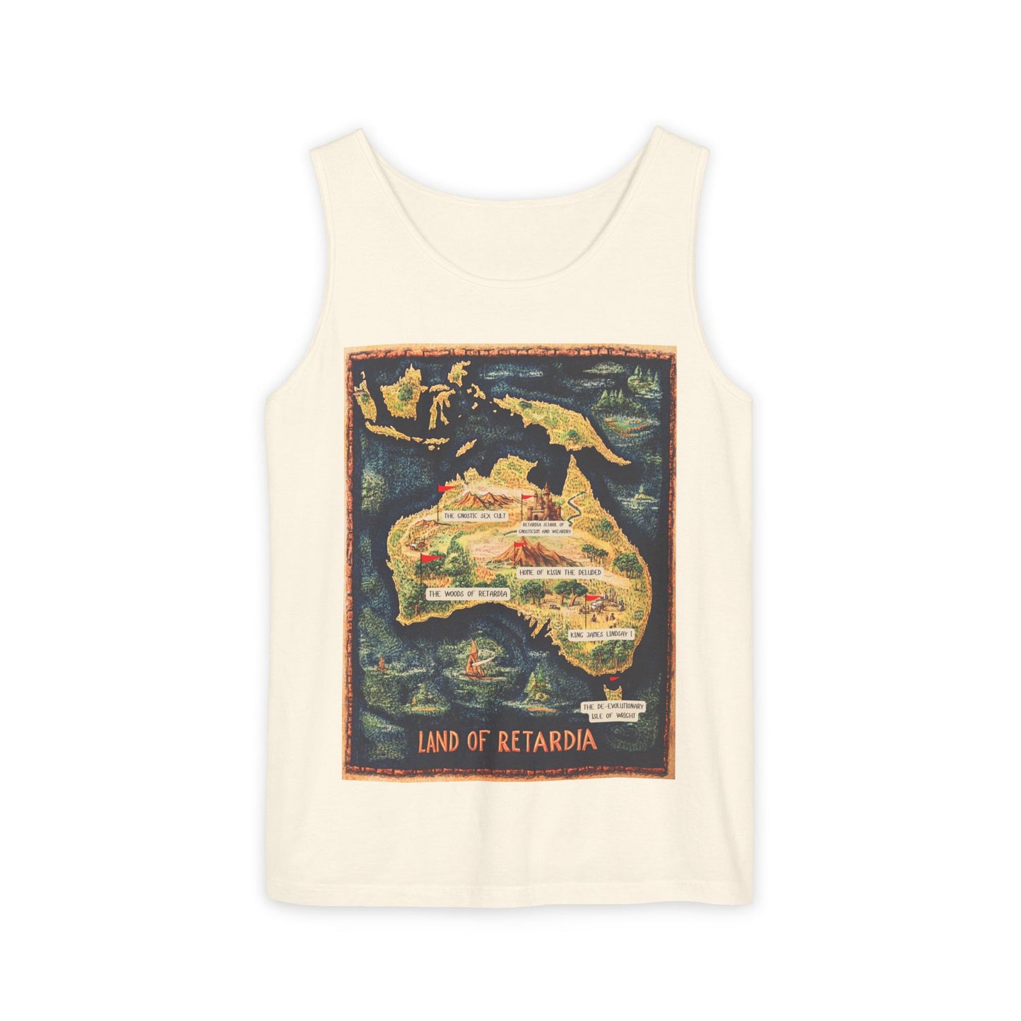 The Map of the Land of Retardia  Unisex Garment-Dyed Tank Top