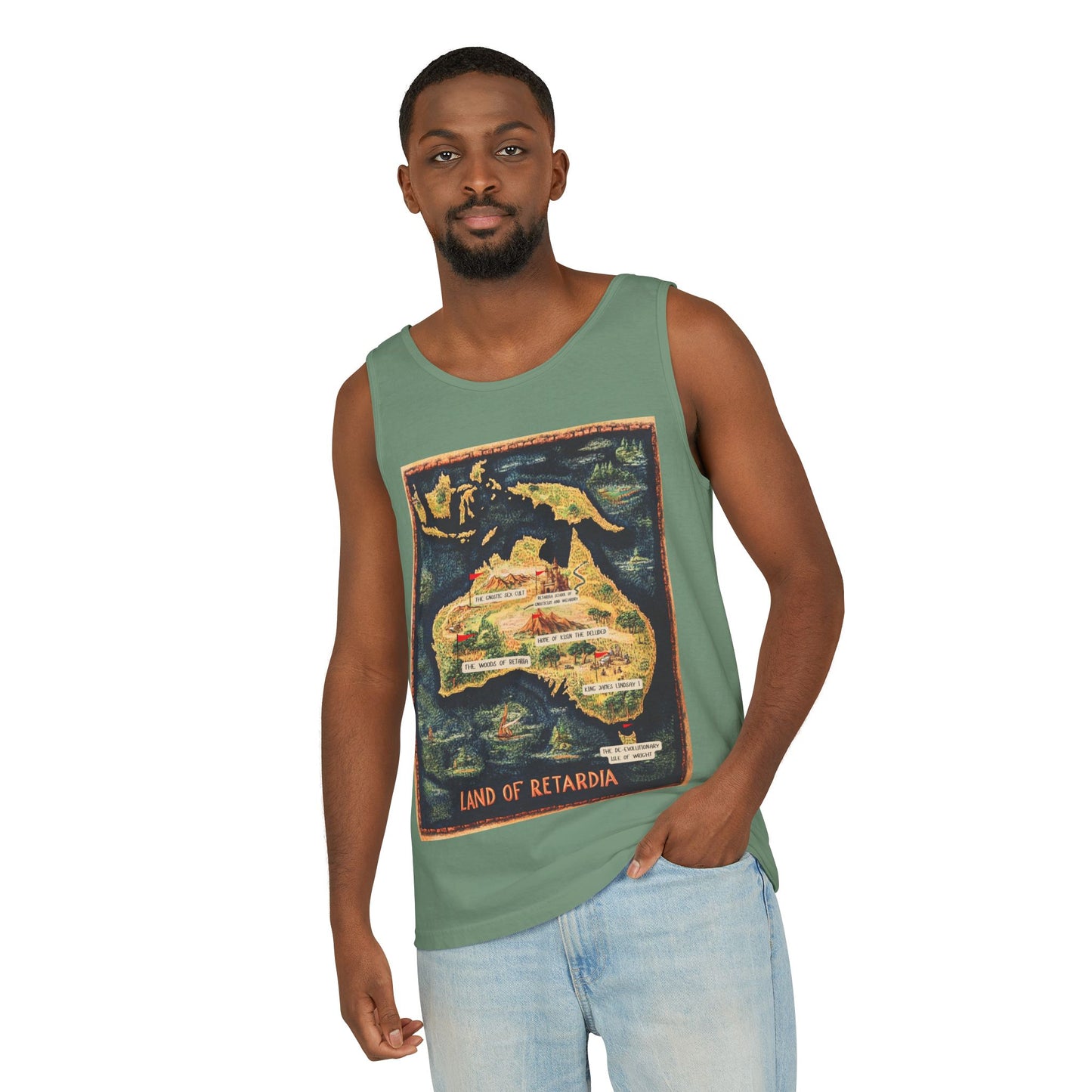 The Map of the Land of Retardia  Unisex Garment-Dyed Tank Top