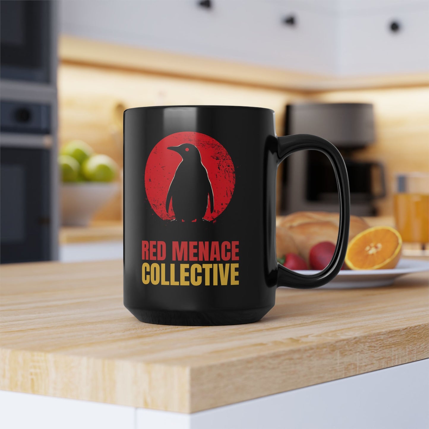 Red Menace Collective Penguin 15oz Black Mug - Unique Coffee Cup for Art Lovers