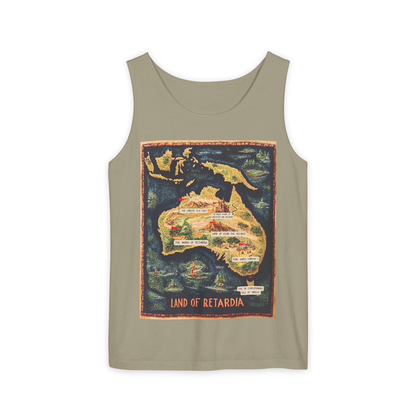 The Map of the Land of Retardia  Unisex Garment-Dyed Tank Top