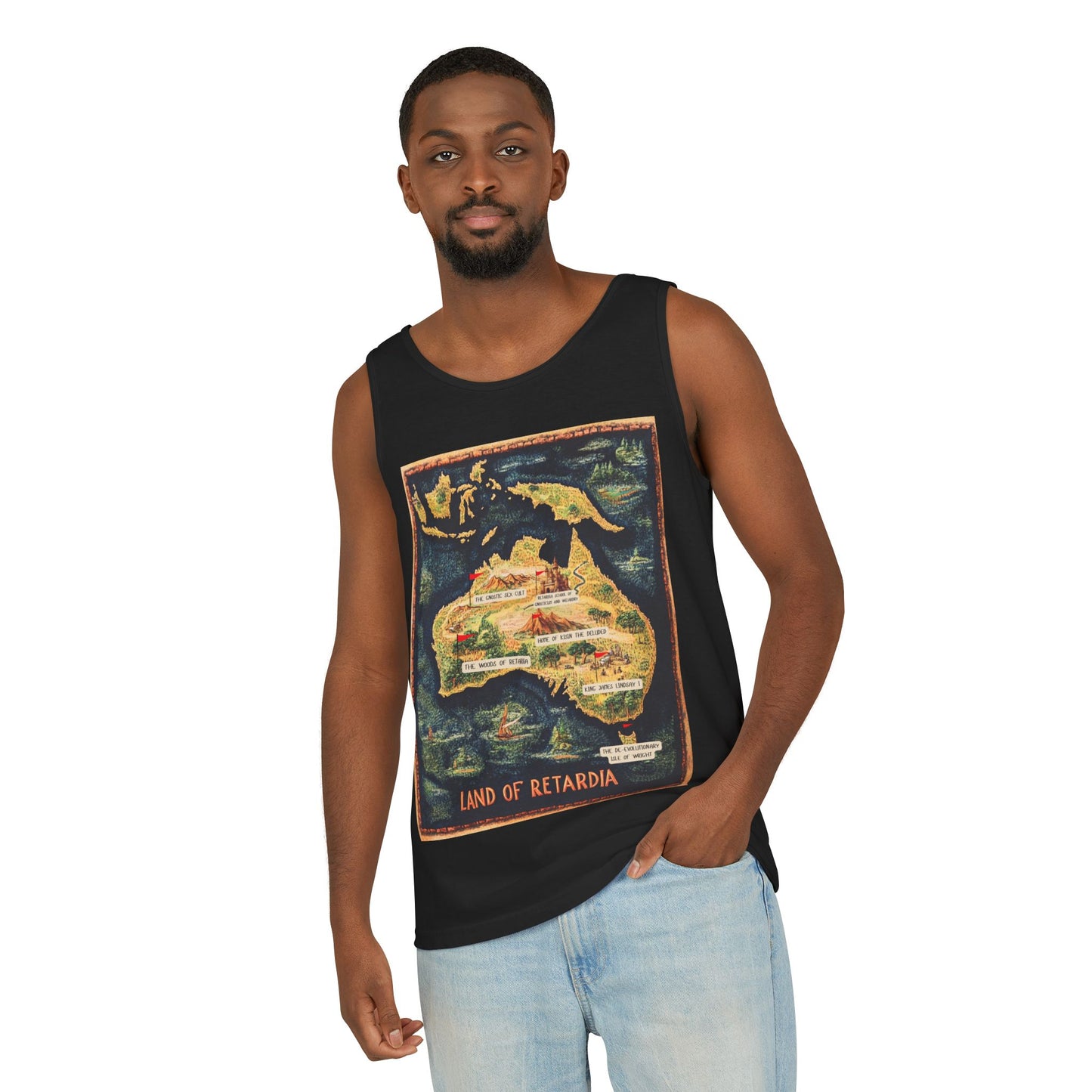 The Map of the Land of Retardia  Unisex Garment-Dyed Tank Top