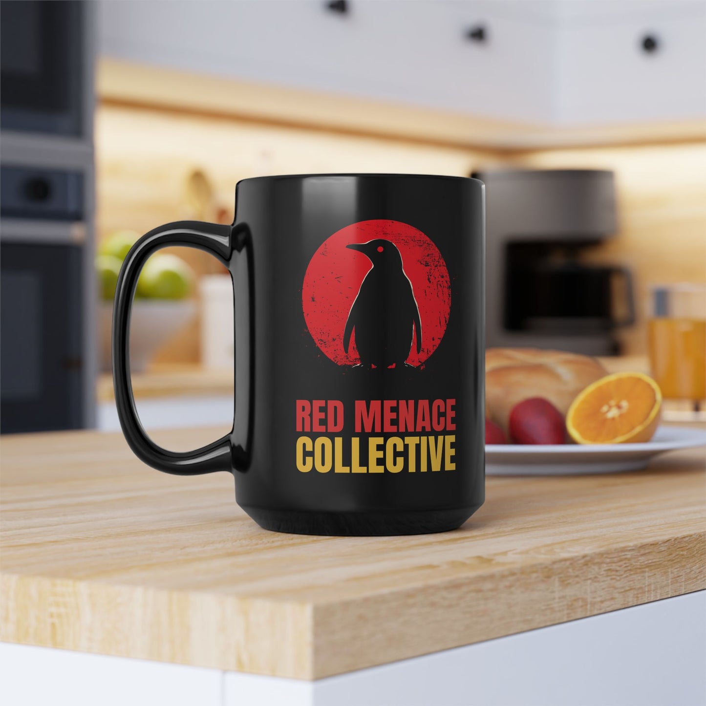 Red Menace Collective Penguin 15oz Black Mug - Unique Coffee Cup for Art Lovers