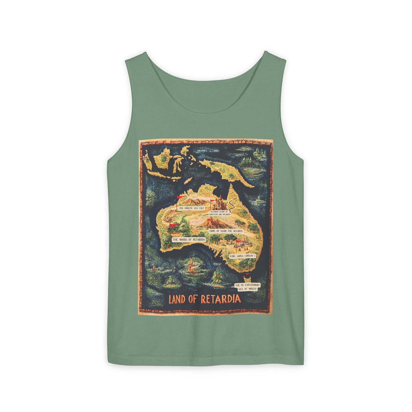 The Map of the Land of Retardia  Unisex Garment-Dyed Tank Top